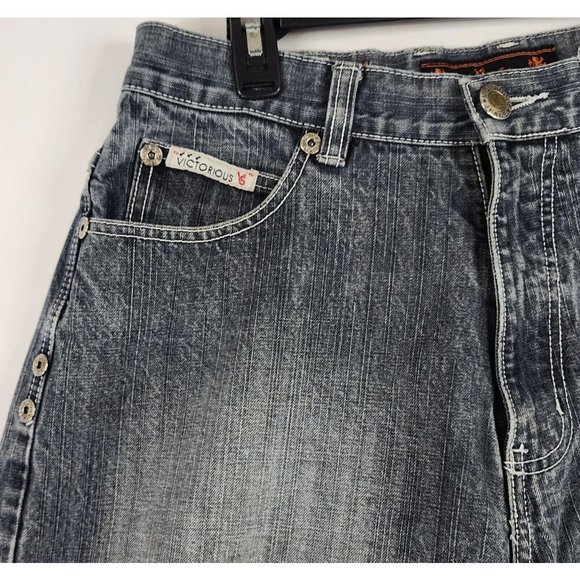 Victorious Urban Couture Shorts Mens 34 Blue Denim Painted Distressed Streetwear - Picture 8 of 14